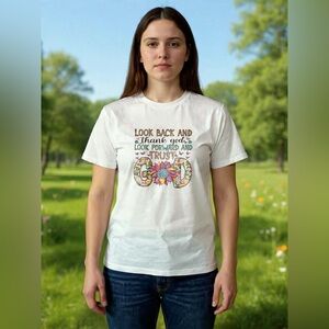 White Graphic Tee with Colorful Floral Typography